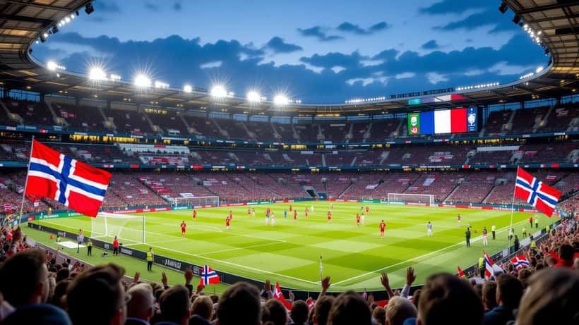 Fotbollslandskamp Norge mot Frankrike 2026 med flaggor och publik på stadion