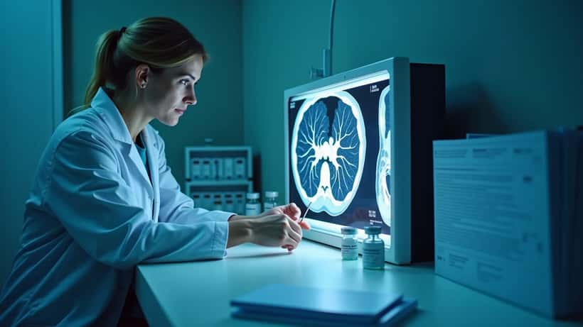 Oncologa italiana esamina immagini TC del pancreas su negatoscopio con fiale di vaccino mRNA sul bancone del laboratorio