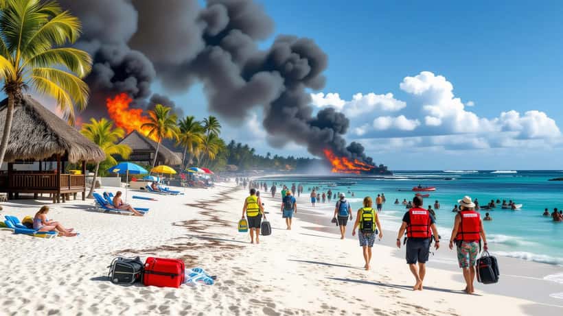Touristes évacuant un hôtel de plage en feu à Bayahibe, République dominicaine, avec fumée noire et toiture en palme enflammée
