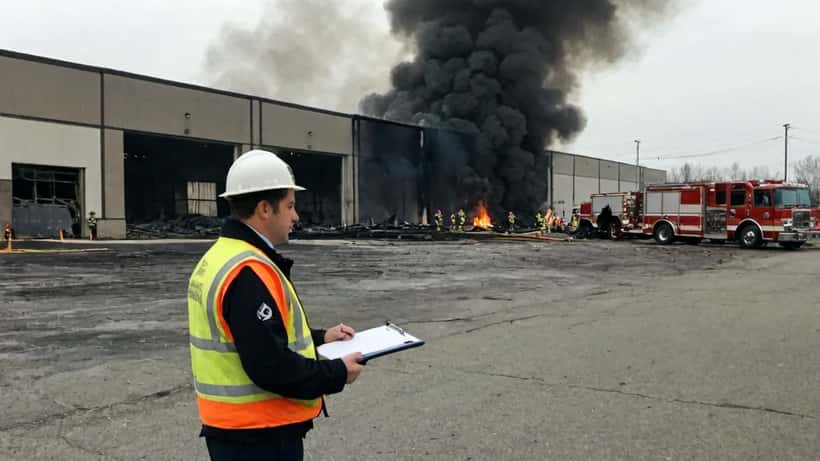 Fire safety inspector reviewing safety plan outside scorched industrial warehouse with smoke and emergency vehicles