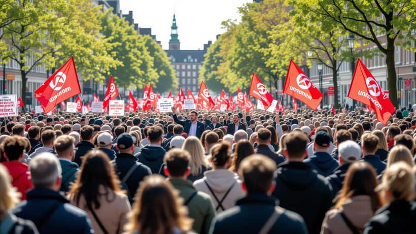 Danske arbejdere samlet til 1. maj-fejring i København med røde fagforeningsfaner
