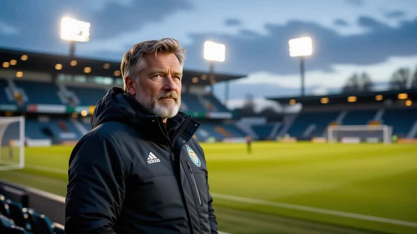 Fotballtrener alene på sidelinjen ved et tomt stadion i skumringen