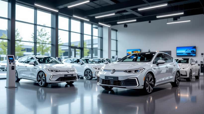 Moderne Volkswagen Elektro- und Hybridmodelle in einem Autoshowroom mit Werkstattelementen, 2026