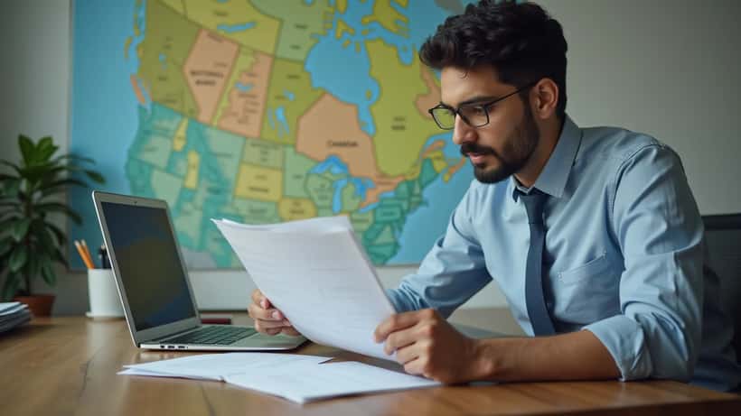 Homme consultant des documents d'immigration canadienne à un bureau avec une carte des provinces du Canada