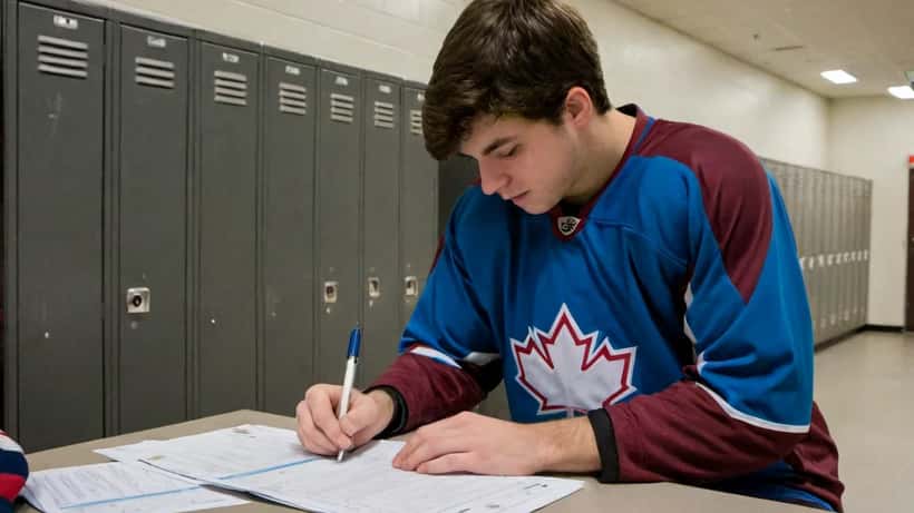 Young Canadian hockey player reviewing professional contract documents in a locker room