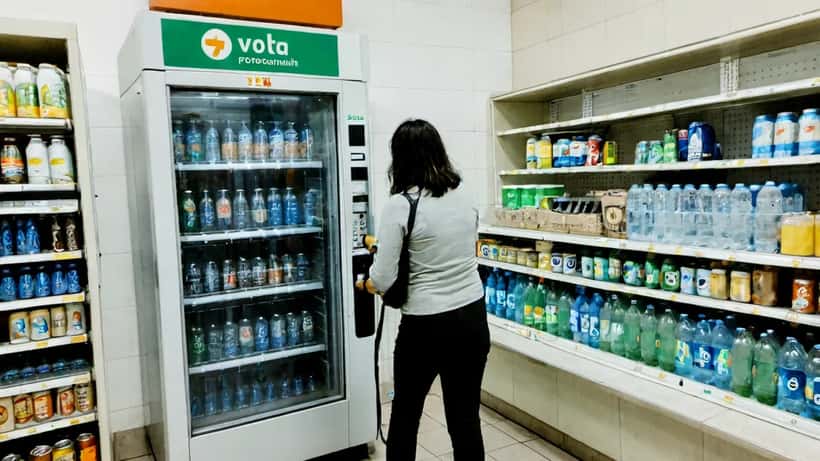 Mulher a devolver embalagens numa máquina de retorno Volta num supermercado em Lisboa