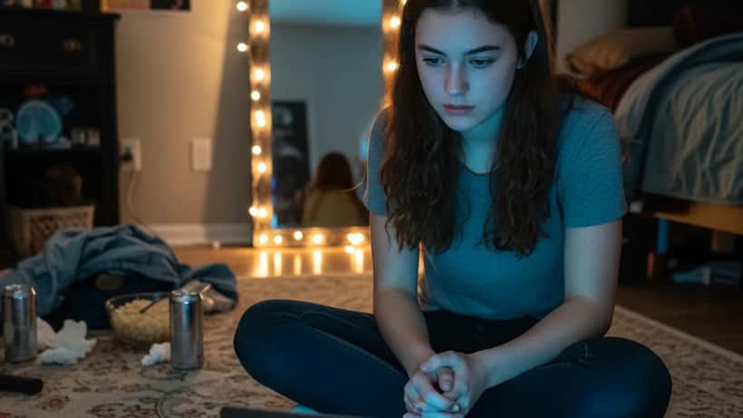Teenager watching Euphoria on laptop in darkened bedroom with therapy journal nearby