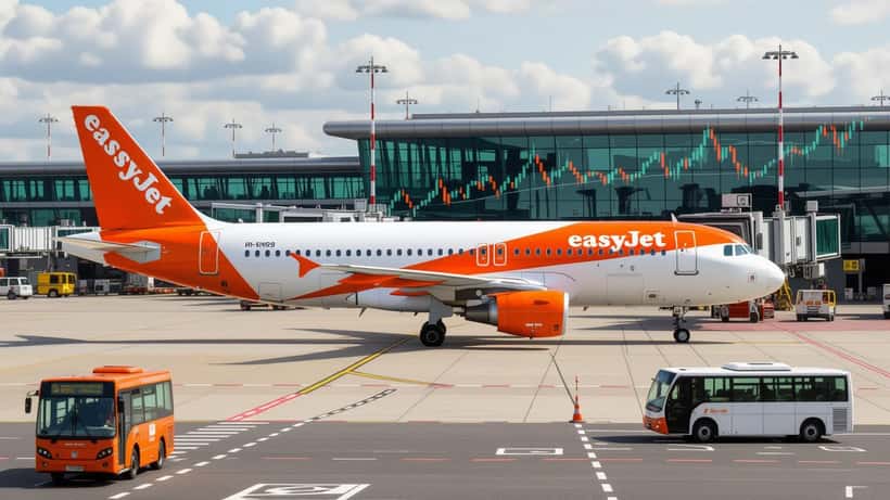 easyJet aircraft on an airport apron with a financial chart overlay representing takeover speculation