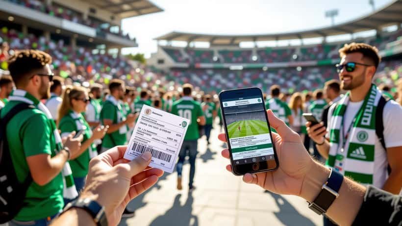 Adepto segura um bilhete de futebol e um telemóvel com anúncio de revenda à entrada do estádio, no Algarve