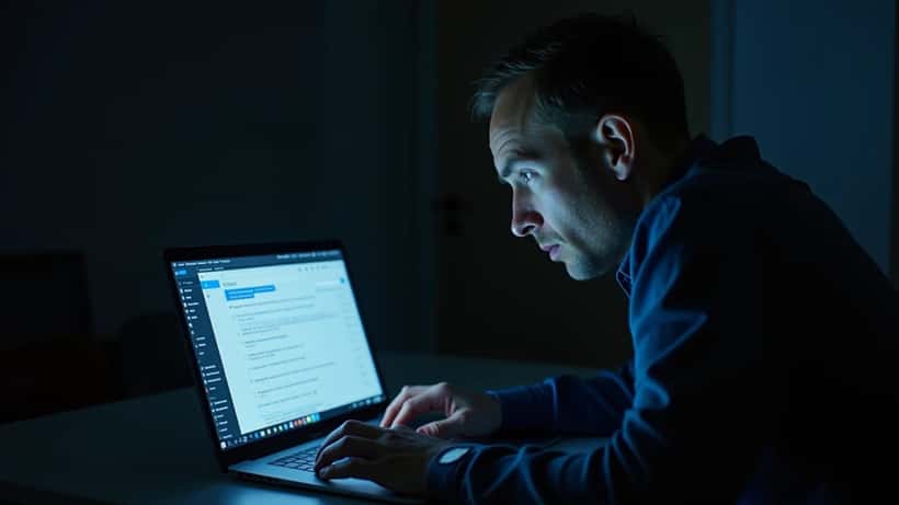 Suomalainen mies tarkistaa epäilyttävää phishing-sähköpostia läppärin äärellä Helsingissä