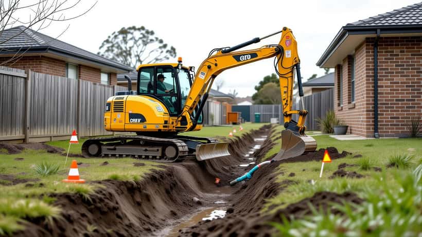 Yellow mini excavator digging a trench in a suburban Australian backyard beside utility warning markings