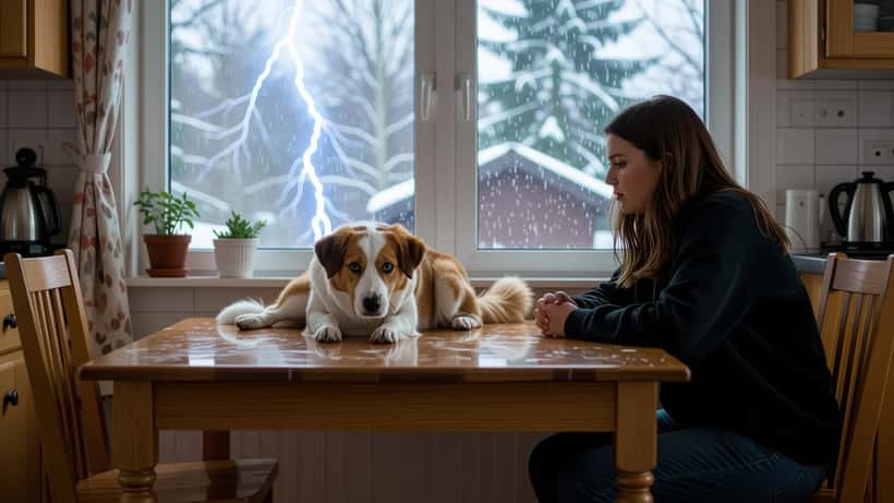En redd hund gjemmer seg under et bord mens lyn og torden slår ned utenfor vinduet