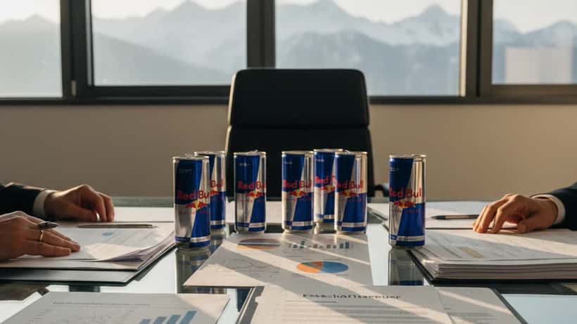 Red Bull Dosen und Finanzdokumente auf einem Büroschreibtisch in Salzburg