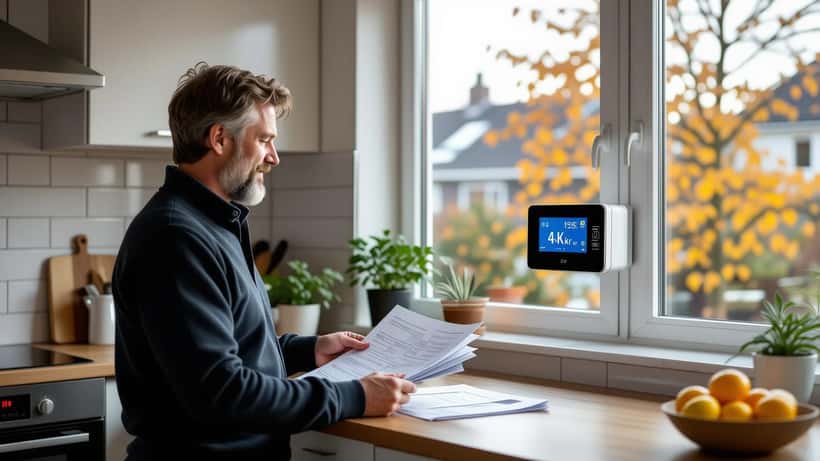 Mand undersøger smart energidisplay i køkkenet med høje elpriser i efteråret 2026