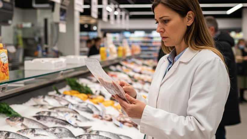 Una donna esamina un'etichetta di tonno al banco del pesce di un supermercato milanese