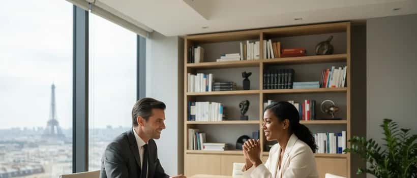 Avocat français en consultation avec un client d'origine haïtienne dans un bureau parisien moderne