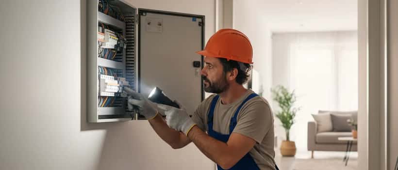 Eletricista em macacão a inspeccionar quadro elétrico doméstico com lanterna