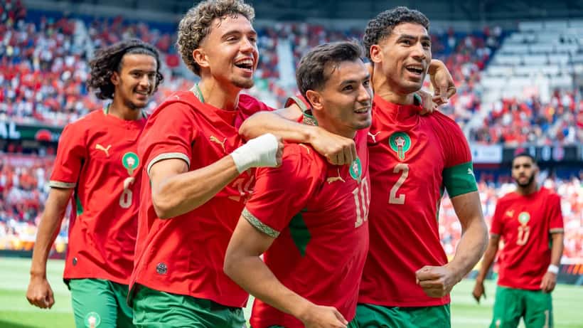 Brahim Diaz, El Aynaoui e Hakimi durante Marrocos vs Noruega no Mundial 2026 — 19 convocados marroquinos nascidos na Europa