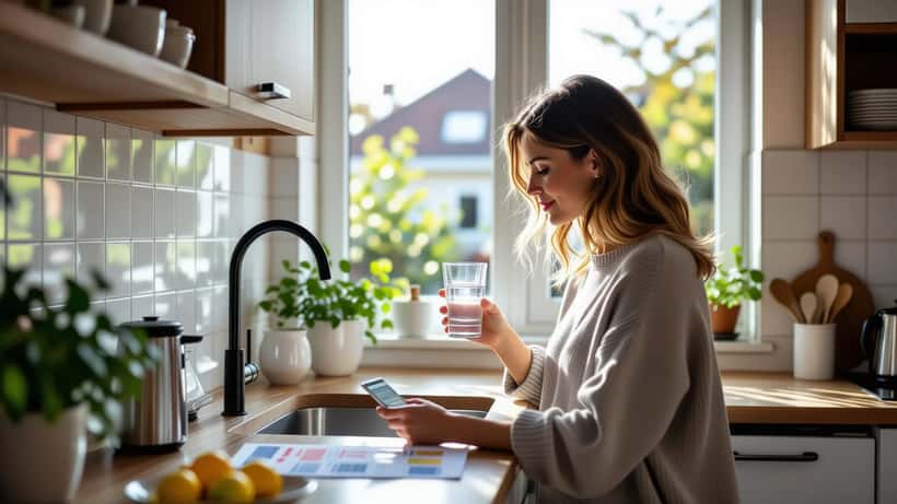 Bewoner van Wassenaar bekijkt PFAS-score op smartphone naast waterfilter in keuken