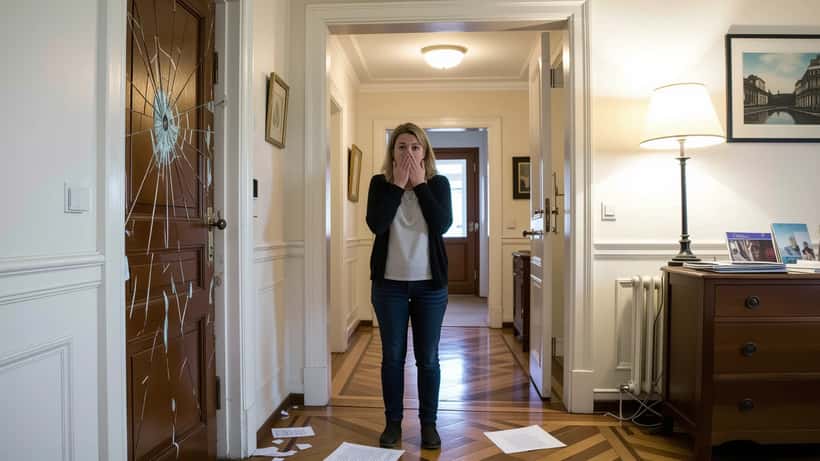 Femme découvrant son appartement cambriolé à Genève, porte forcée et serrure brisée