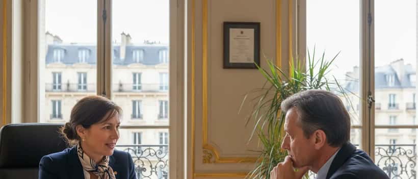 Conseiller financier français examinant un portefeuille d'investissement en or avec son client dans un bureau parisien