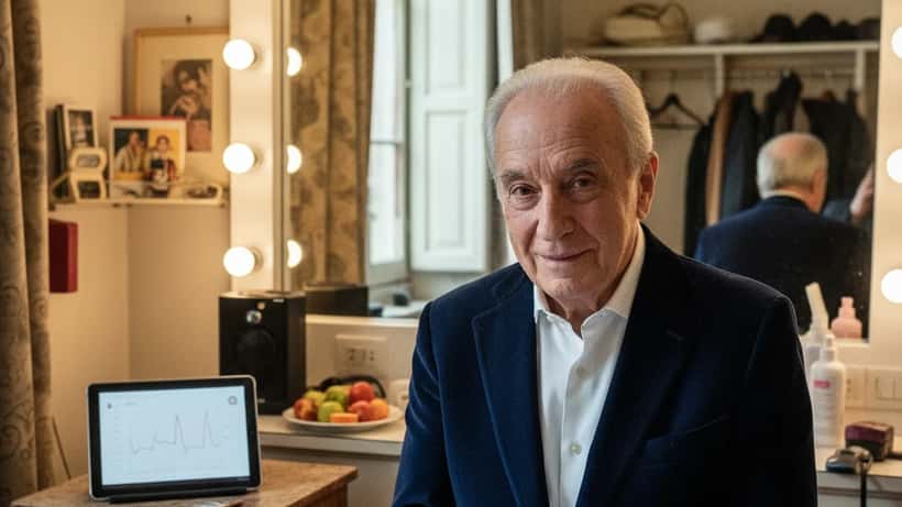 Artista italiano anziano in camerino con tablet medico per controllo cardiologico