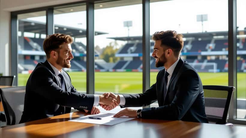 Un agent sportif serre la main d'un jeune footballeur au-dessus d'un contrat signé dans un bureau de club