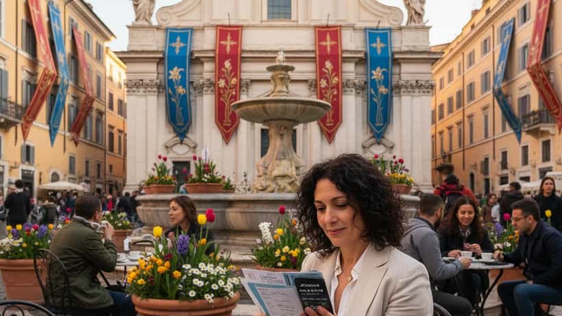 Donna italiana in una piazza di Roma controlla documenti di viaggio durante la Settimana Santa 2026