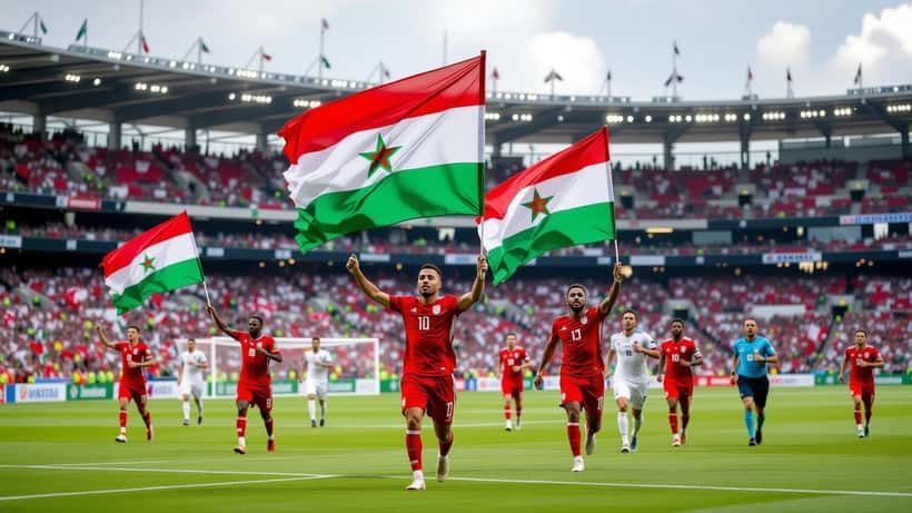 Stade international avec drapeaux du Maroc et d'Haïti pour le match de préparation à la Coupe du monde 2026