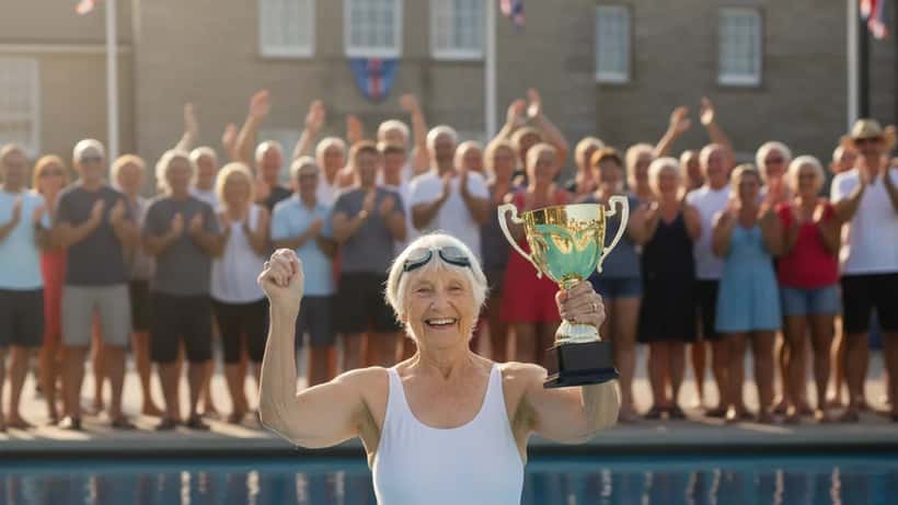 Elderly woman in swimsuit holding a trophy at a competition pool, celebrating world swimming records at 95