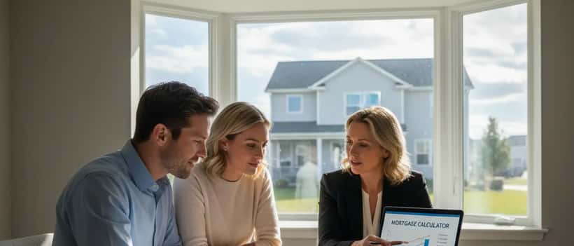 American couple reviewing home purchase documents with financial advisor at kitchen table