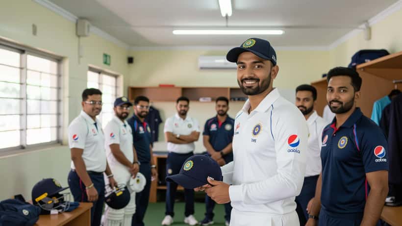 Young Indian cricketer receives his ODI debut cap from a teammate in a stadium dressing room