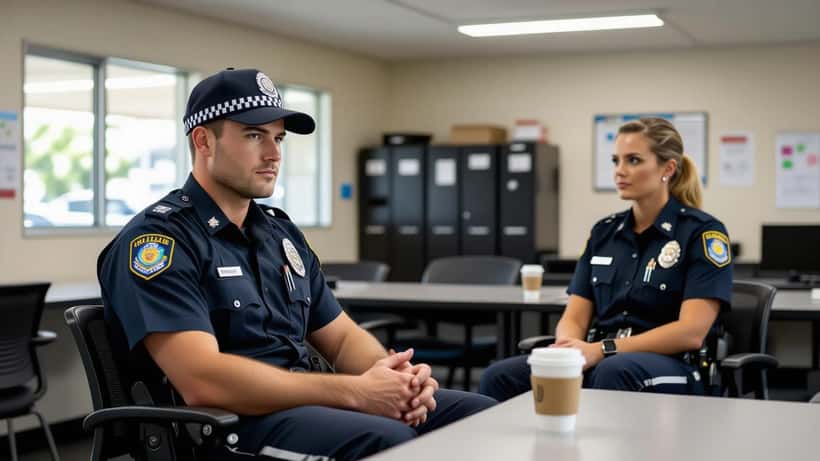 NSW Police officer receiving peer support from a colleague in a police station break room after a traumatic critical incident
