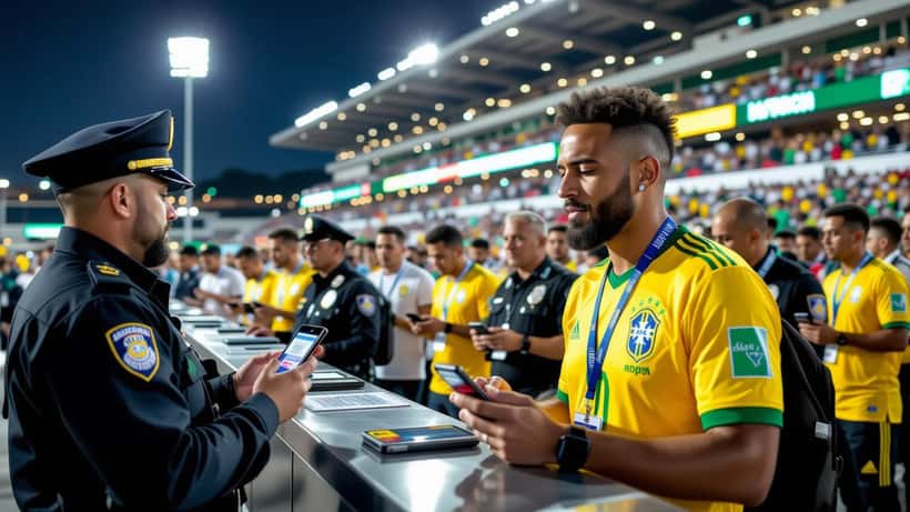 Torcedor brasileiro segura smartphone com ingresso digital na catraca de estádio de futebol enquanto segurança verifica acesso