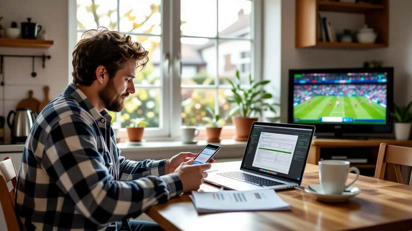 UK football fan checking sports betting app with Premier League match on TV and budget spreadsheet on laptop