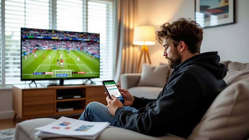 Australian man on couch looking at smartphone with sports betting notification, football match on TV behind him