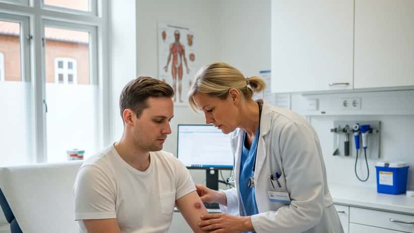 Dansk læge undersøger patient for mpox-symptomer i klinisk undersøgelsesrum