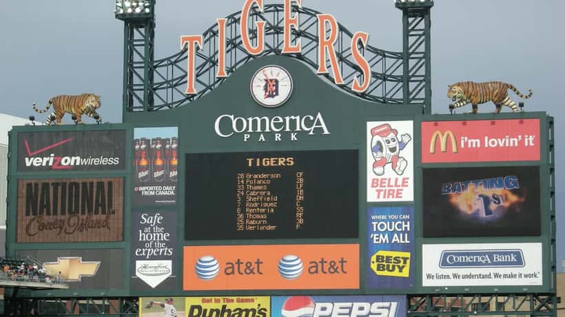 Comerica Park scoreboard showing live game data during a Detroit Tigers home game