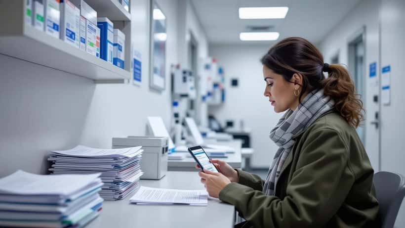 Patiente française examinant son smartphone dans une salle d'attente médicale, notice RGPD visible en arrière-plan