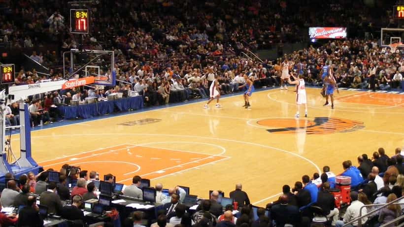New York Knicks players warming up at Madison Square Garden before a home game
