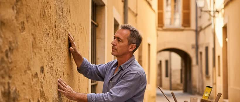Artisan inspectant la façade en pierre d'une maison ancienne dans une ruelle d'Arles en Provence