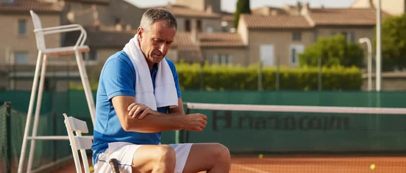 Joueur de tennis amateur examinant son coude blessé lors d'une pause sur un court en terre battue