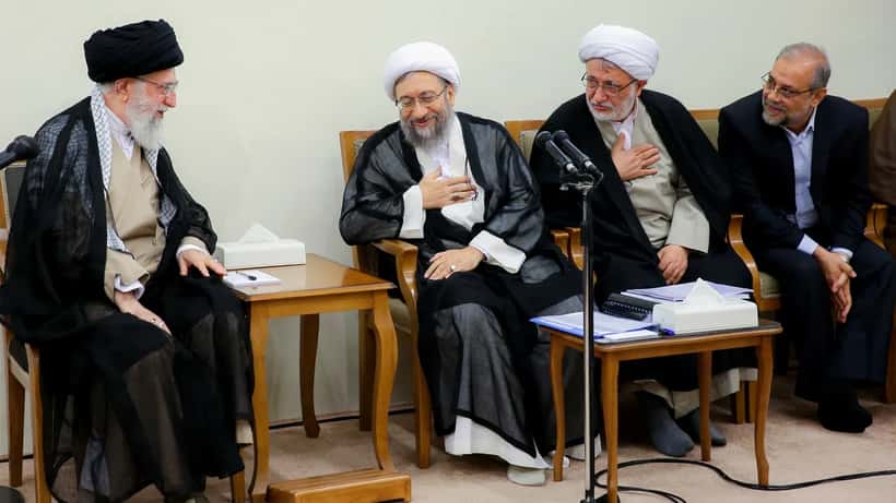 Ali Khamenei with Sadeq Larijani in June 2018, archival portrait of the late Iranian Supreme Leader