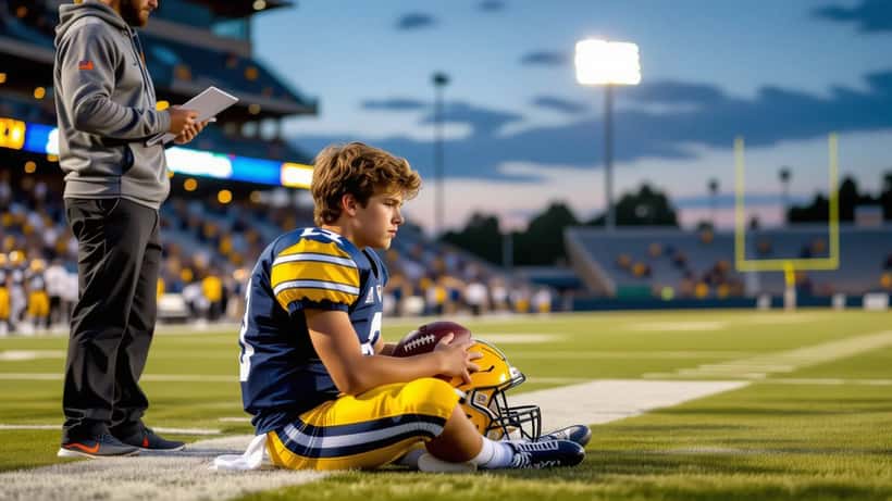 Young college quarterback sitting alone on a stadium bench holding his helmet