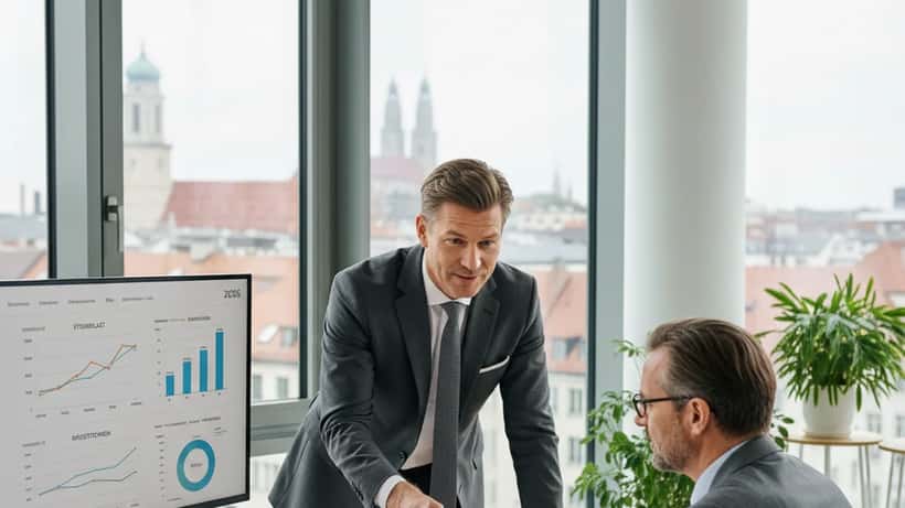Deutscher Vermögensberater erklärt Steuerdokumente in einem modernen Münchner Büro