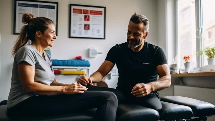 Physiotherapeutin untersucht Knöchel eines Tänzers in einer Sportmedizin-Klinik in Wien