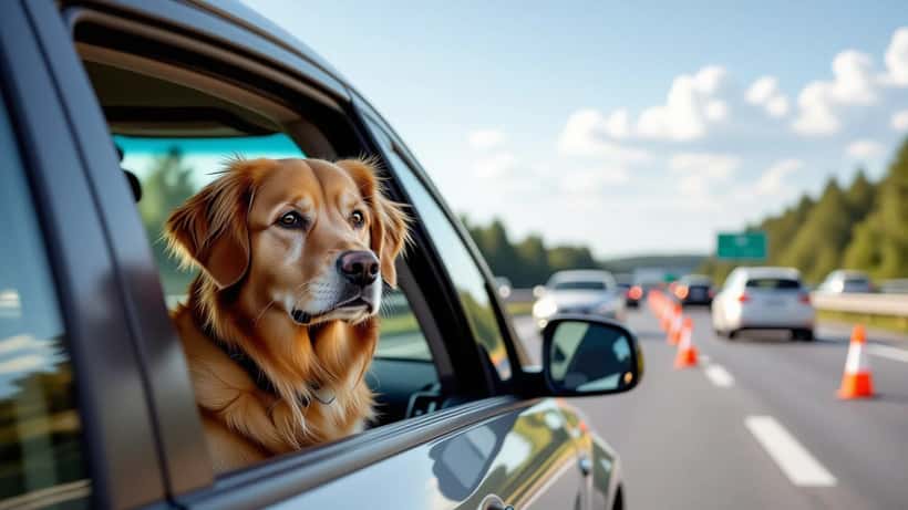 Gispende hund kigger ud af bilrude i kø på dansk motorvej i sommervarme