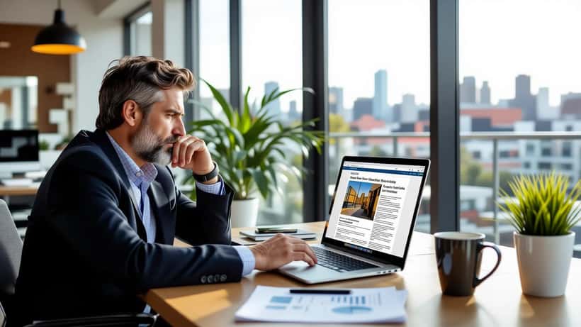 Australian business owner reading a fake AI-generated news headline on a laptop in a Melbourne office