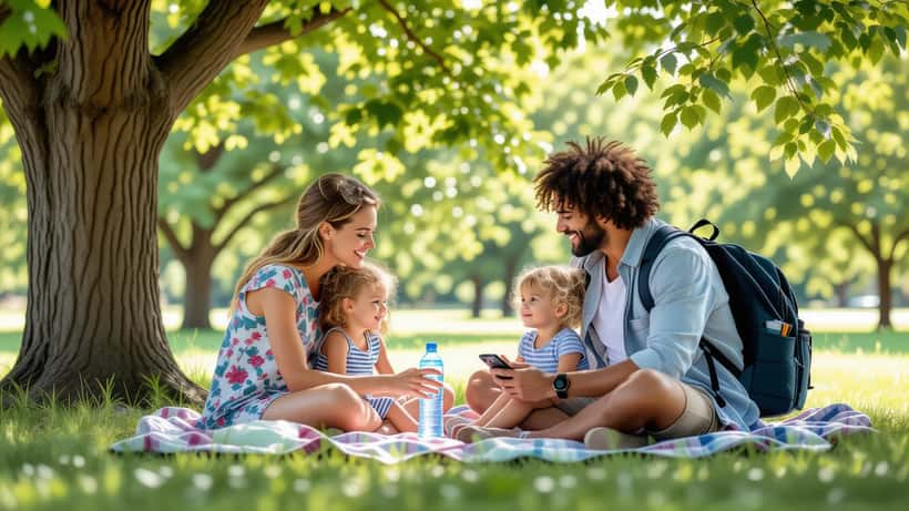 Family cooling off in a sunny Canadian park during a 2026 heat wave, holding a water bottle and smartphone with a heat warning