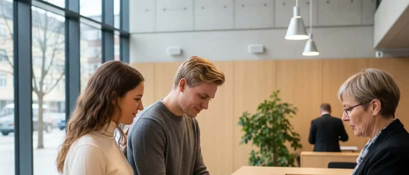 Ungt par skriver under dokument på ett stadshus i Skandinavien